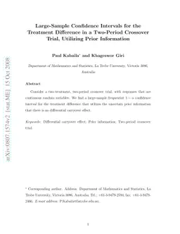 Large-Sample Confidence Intervals for the Treatment Difference in a
  Two-Period Crossover Trial, Utilizing Prior Information
