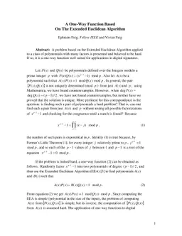 A One-Way Function Based On The Extended Euclidean Algorithm