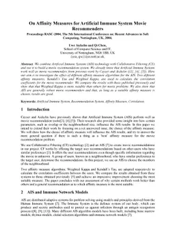 On Affinity Measures for Artificial Immune System Movie Recommenders