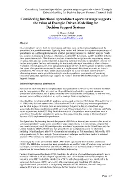 Considering Functional Spreadsheet Operator Usage Suggests the Value of
  Example Driven Modelling for Decision Support Systems