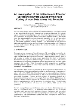 An Investigation of the Incidence and Effect of Spreadsheet Errors
  Caused by the Hard Coding of Input Data Values into Formulas