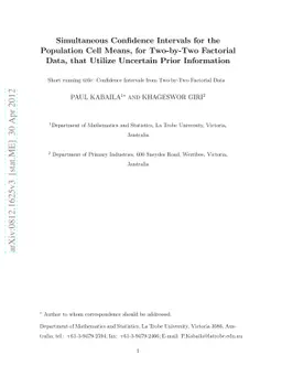 Simultaneous confidence intervals for the population cell means, for
  two-by-two factorial data, that utilize uncertain prior information