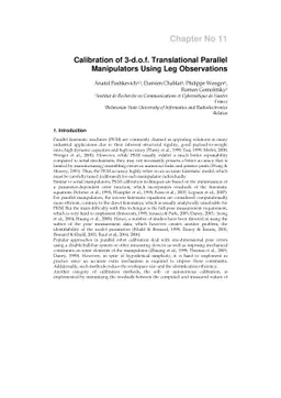 Calibration of 3-d.o.f. Translational Parallel Manipulators Using Leg
  Observations