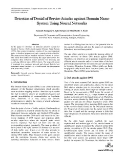 Detection of Denial of Service Attacks against Domain Name System Using
  Neural Networks