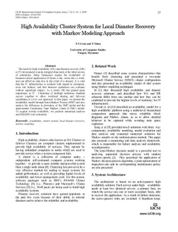High Availability Cluster System for Local Disaster Recovery with Markov
  Modeling Approach