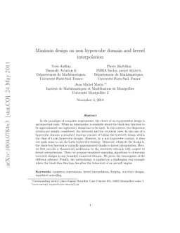 Maximin design on non hypercube domain and kernel interpolation