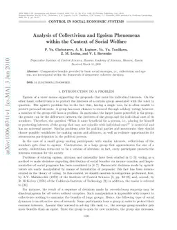 Analysis of Collectivism and Egoism Phenomena within the Context of
  Social Welfare