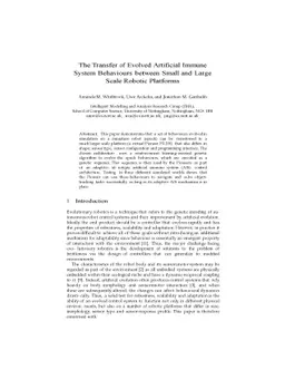 The Transfer of Evolved Artificial Immune System Behaviours between
  Small and Large Scale Robotic Platforms