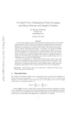 A Unified View of Regularized Dual Averaging and Mirror Descent with
  Implicit Updates