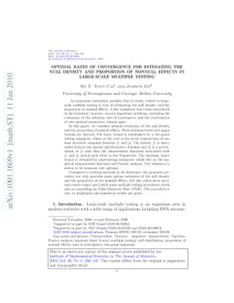 Optimal rates of convergence for estimating the null density and
  proportion of nonnull effects in large-scale multiple testing