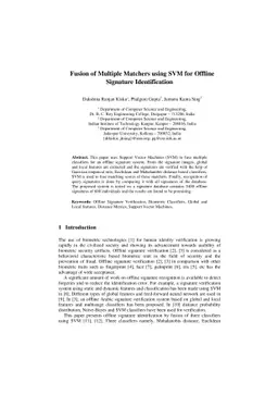 Fusion of Multiple Matchers using SVM for Offline Signature
  Identification