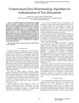 Content based Zero-Watermarking Algorithm for Authentication of Text
  Documents
