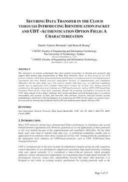 Securing data transfer in the cloud through introducing identification
  packet and UDT-authentication option field: a characterization