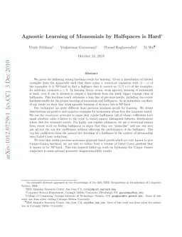 Agnostic Learning of Monomials by Halfspaces is Hard