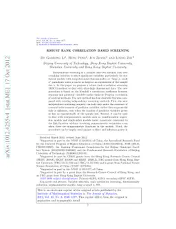 Robust rank correlation based screening