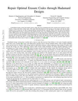 Repair Optimal Erasure Codes through Hadamard Designs
