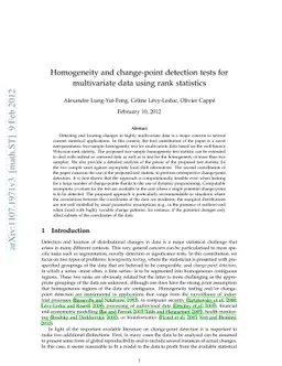 Homogeneity and change-point detection tests for multivariate data using
  rank statistics