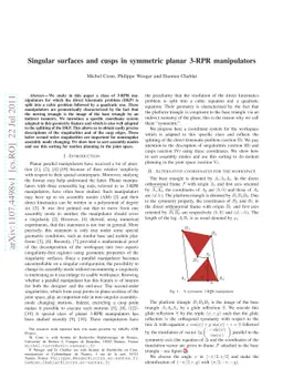 Singular surfaces and cusps in symmetric planar 3-RPR manipulators
