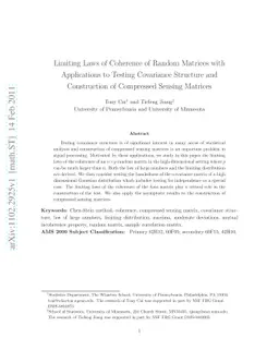 Limiting Laws of Coherence of Random Matrices with Applications to
  Testing Covariance Structure and Construction of Compressed Sensing Matrices