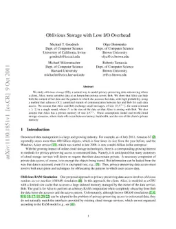 Oblivious Storage with Low I/O Overhead