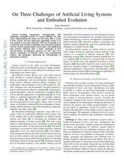 On Three Challenges of Artificial Living Systems and Embodied Evolution