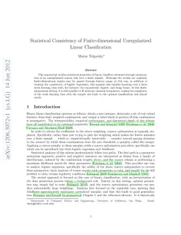 Statistical Consistency of Finite-dimensional Unregularized Linear
  Classification