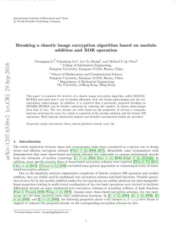 Breaking a chaotic image encryption algorithm based on modulo addition
  and XOR operation