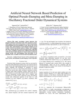 Artificial Neural Network Based Prediction of Optimal Pseudo-Damping and
  Meta-Damping in Oscillatory Fractional Order Dynamical Systems