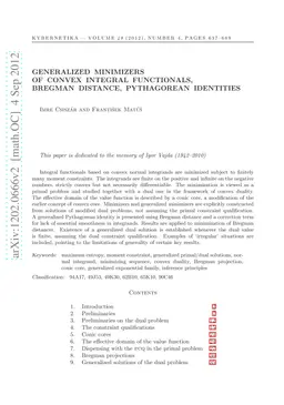 Generalized minimizers of convex integral functionals, Bregman distance,
  Pythagorean identities