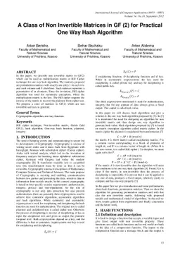 A Class of Non Invertible Matrices in GF (2) for Practical One Way Hash
  Algorithm