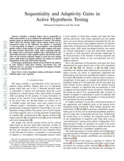 Sequentiality and Adaptivity Gains in Active Hypothesis Testing