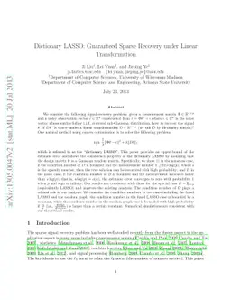 Dictionary LASSO: Guaranteed Sparse Recovery under Linear Transformation