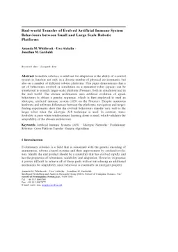 Real-world Transfer of Evolved Artificial Immune System Behaviours
  between Small and Large Scale Robotic Platforms