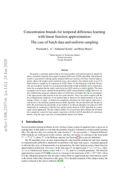Concentration bounds for temporal difference learning with linear
  function approximation: The case of batch data and uniform sampling