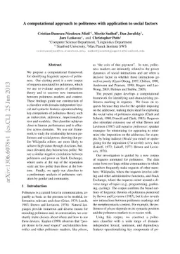 A Computational Approach to Politeness with Application to Social
  Factors