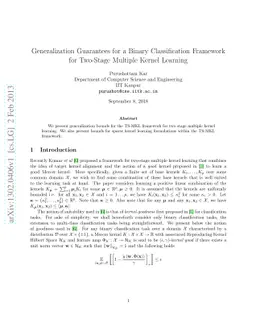 Generalization Guarantees for a Binary Classification Framework for
  Two-Stage Multiple Kernel Learning