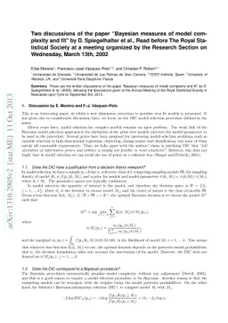 Two discussions of the paper "Bayesian measures of model complexity and
  fit" by D. Spiegelhalter et al., Read before The Royal Statistical Society at
  a meeting organized by the Research Section on Wednesday, March 13th, 2002