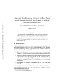 Algebraic-Combinatorial Methods for Low-Rank Matrix Completion with
  Application to Athletic Performance Prediction