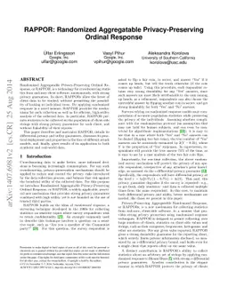 RAPPOR: Randomized Aggregatable Privacy-Preserving Ordinal Response