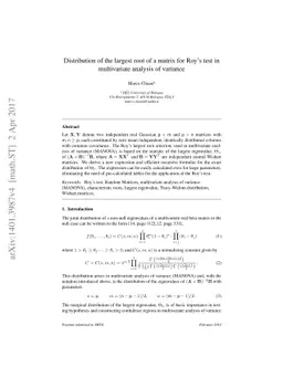 Distribution of the largest root of a matrix for Roy's test in
  multivariate analysis of variance