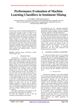 Performance Evaluation of Machine Learning Classifiers in Sentiment
  Mining