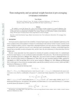 Time endogeneity and an optimal weight function in pre-averaging
  covariance estimation