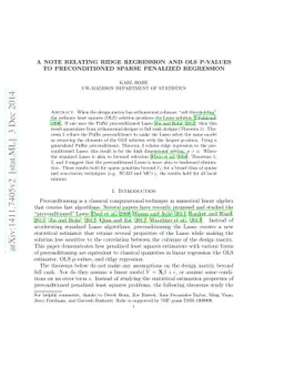 A note relating ridge regression and OLS p-values to preconditioned
  sparse penalized regression