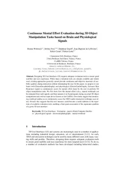 Continuous Mental Effort Evaluation during 3D Object Manipulation Tasks
  based on Brain and Physiological Signals