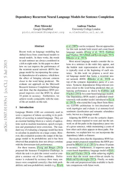 Dependency Recurrent Neural Language Models for Sentence Completion