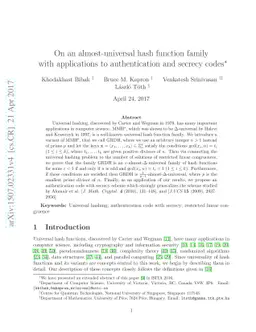 On an almost-universal hash function family with applications to
  authentication and secrecy codes