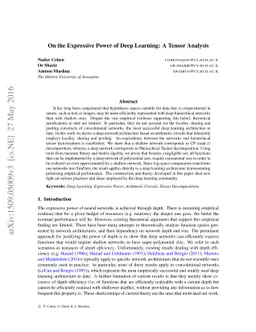 On the Expressive Power of Deep Learning: A Tensor Analysis