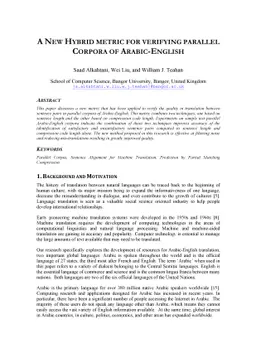 A new hybrid metric for verifying parallel corpora of Arabic-English