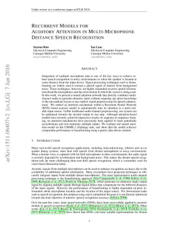 Recurrent Models for Auditory Attention in Multi-Microphone Distance
  Speech Recognition