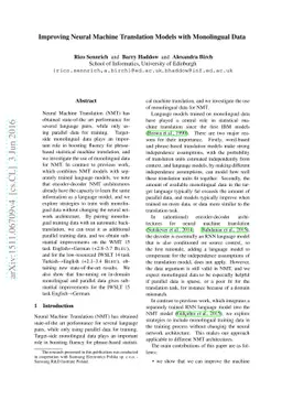 Improving Neural Machine Translation Models with Monolingual Data